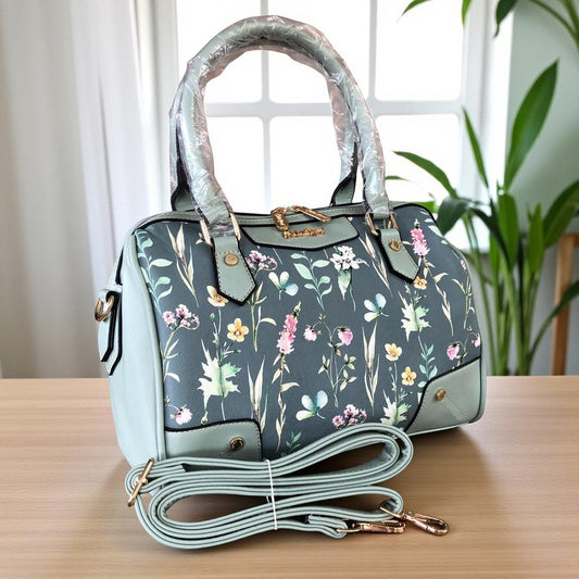 GREEN Cotton Road PU Leather Barrel Handbag with FLORAL Panel