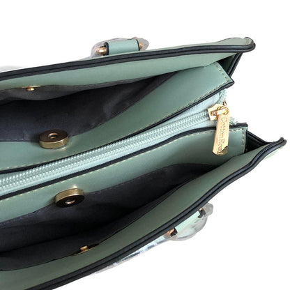 GREEN Cotton Road PU Leather Handbag with FLORAL Panel