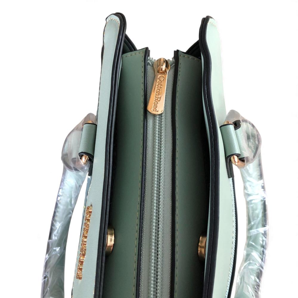 GREEN Cotton Road PU Leather Handbag with FLORAL Panel