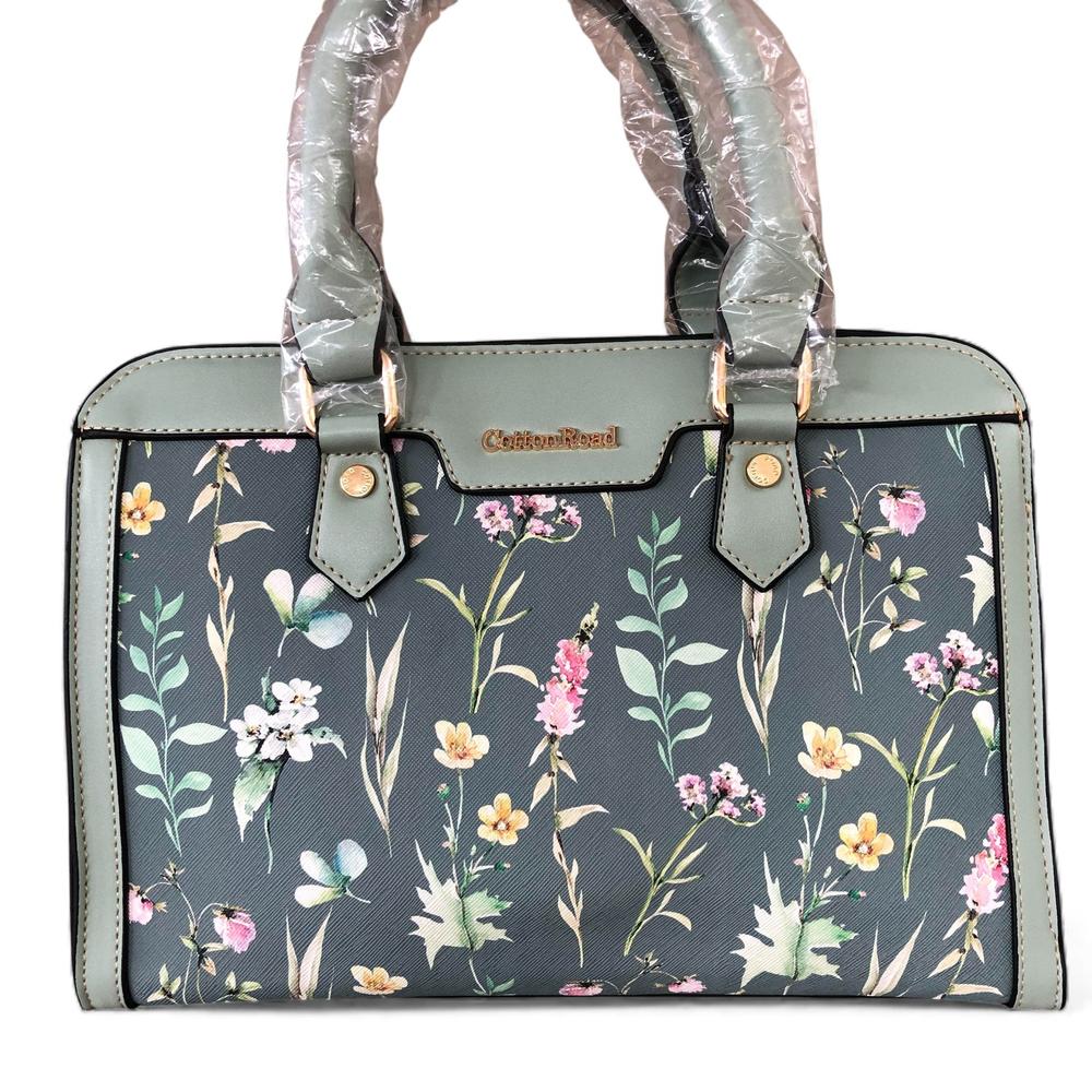 GREEN Cotton Road PU Leather Handbag with FLORAL Panel