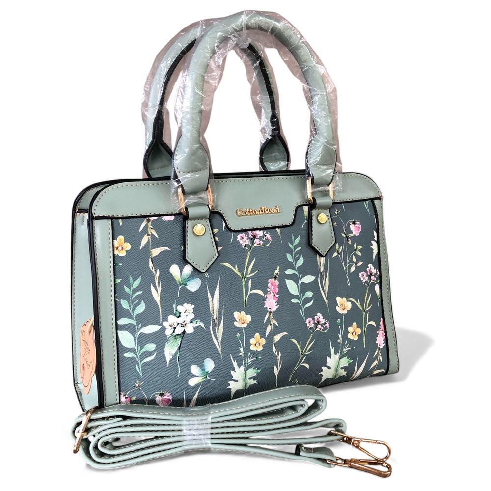 GREEN Cotton Road PU Leather Handbag with FLORAL Panel