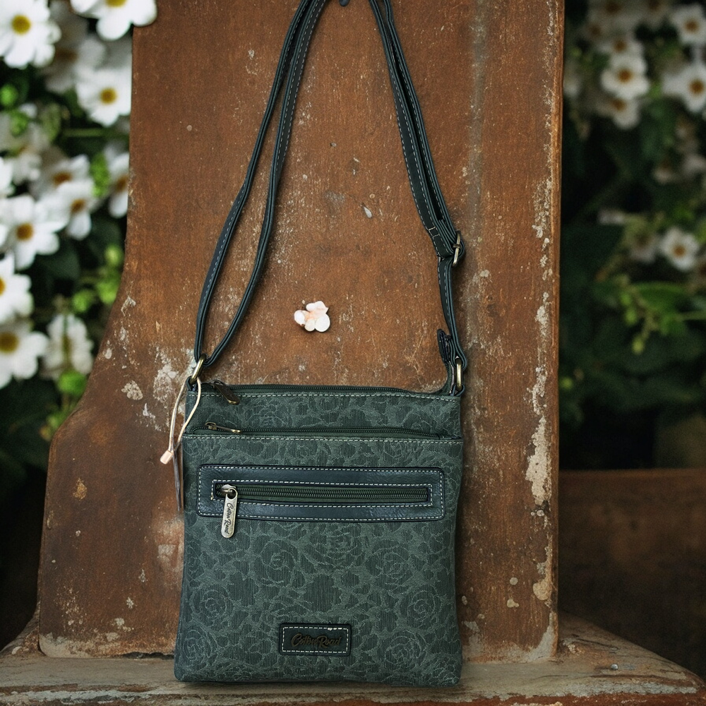 GREEN FLORAL Printed PU Leather Cotton Road Sling Bag