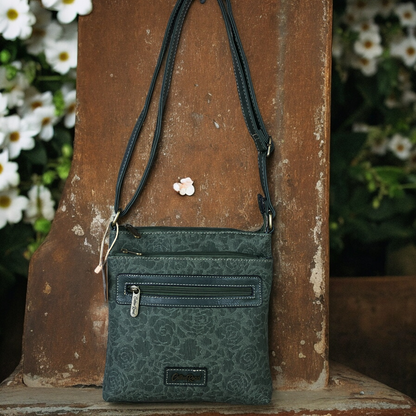 GREEN FLORAL Printed PU Leather Cotton Road Sling Bag