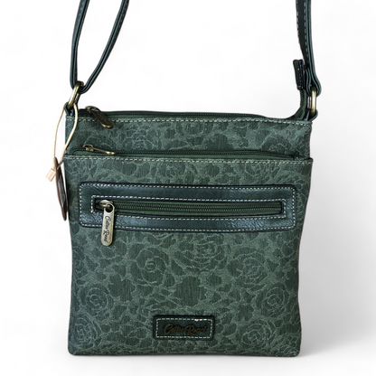 GREEN FLORAL Printed PU Leather Cotton Road Sling Bag
