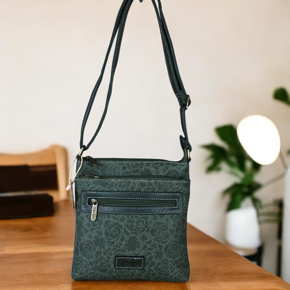 GREEN FLORAL Printed PU Leather Cotton Road Sling Bag