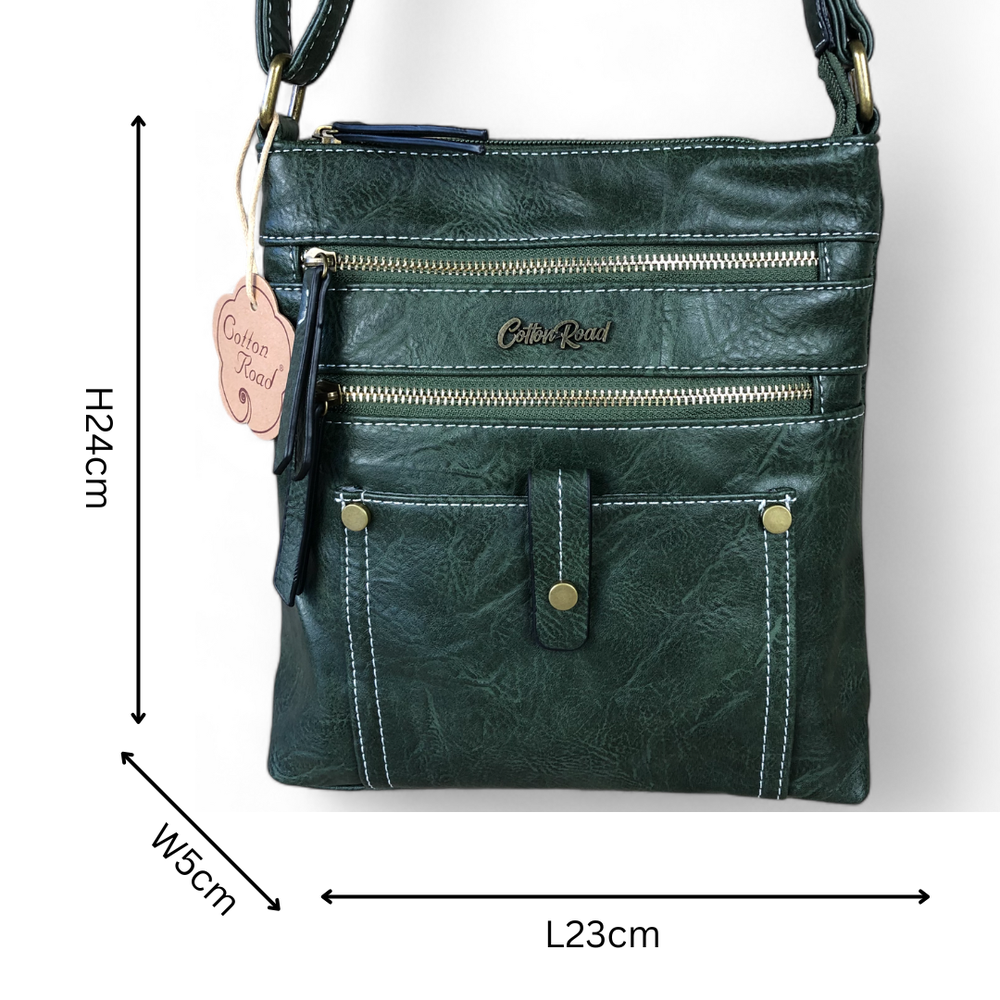GREEN PU Leather Cotton Road Sling Bag with Metal Zips