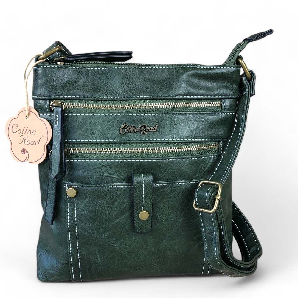 GREEN PU Leather Cotton Road Sling Bag with Metal Zips