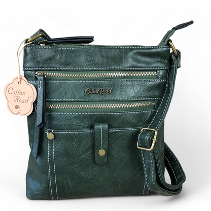GREEN PU Leather Cotton Road Sling Bag with Metal Zips