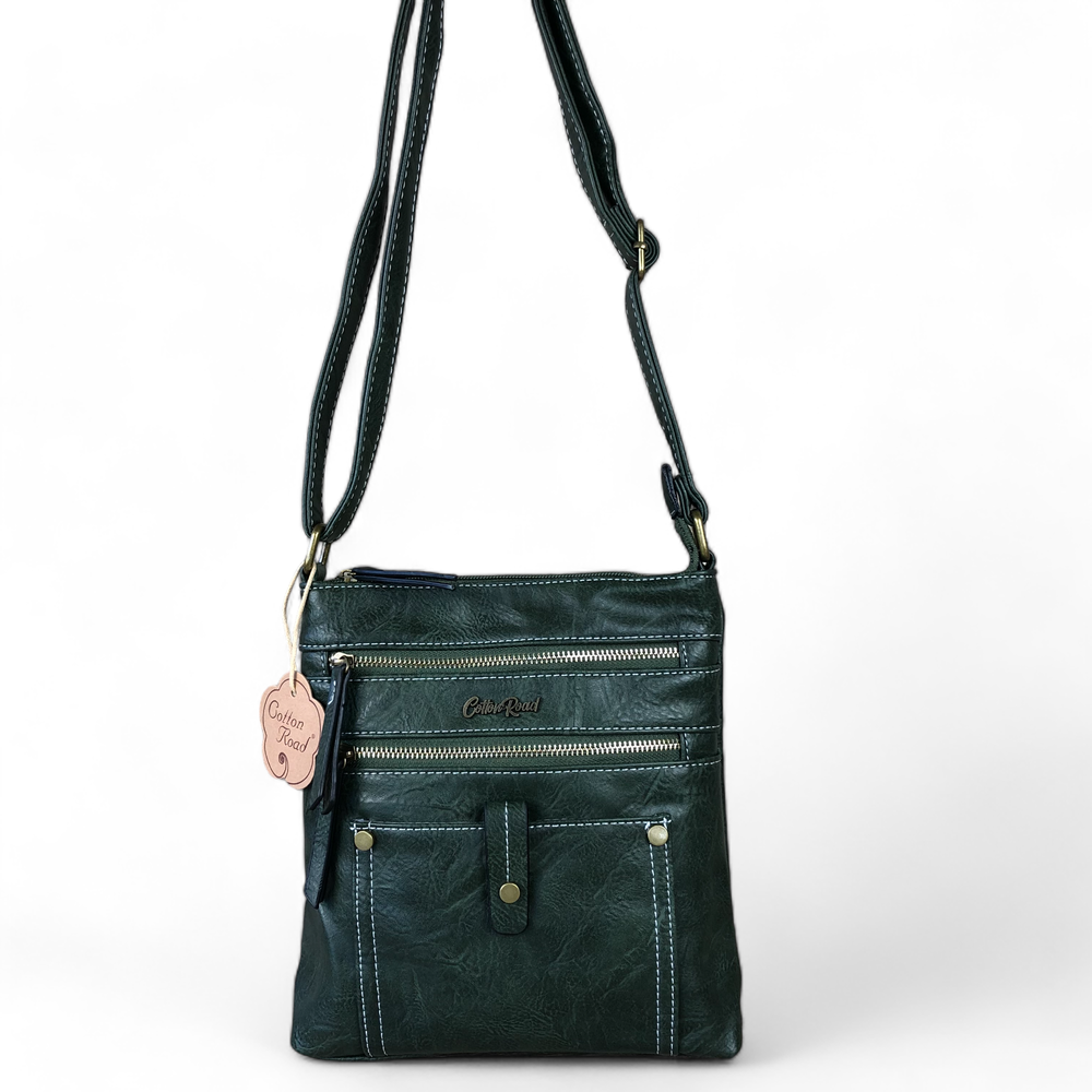 GREEN PU Leather Cotton Road Sling Bag with Metal Zips