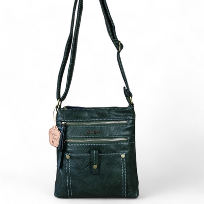GREEN PU Leather Cotton Road Sling Bag with Metal Zips