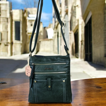 GREEN PU Leather Cotton Road Sling Bag with Metal Zips