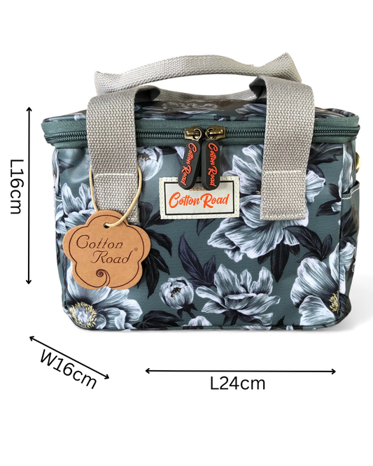 GREEN PVC Cotton Road Lunch Box Cooler Bag with FLOWERS