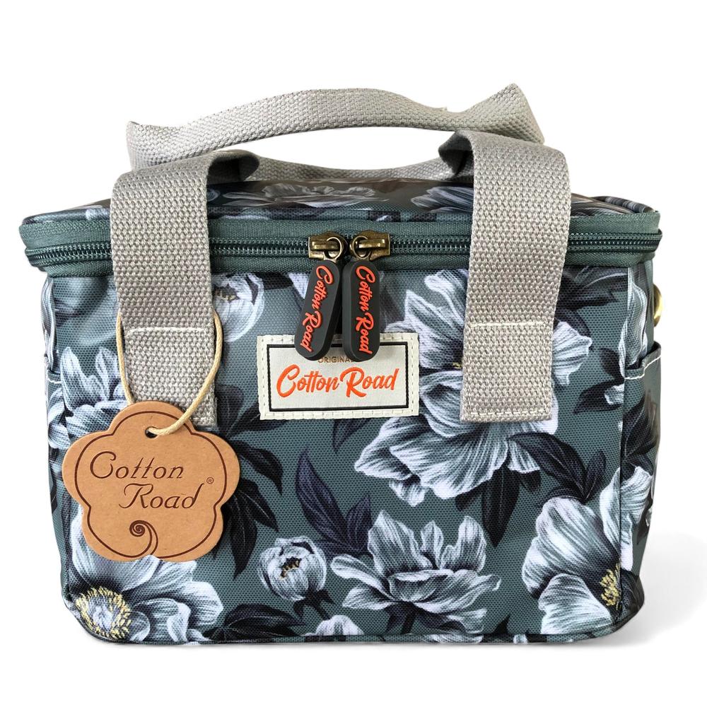 GREEN PVC Cotton Road Lunch Box Cooler Bag with FLOWERS