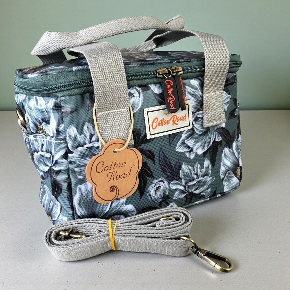 GREEN PVC Cotton Road Lunch Box Cooler Bag with FLOWERS