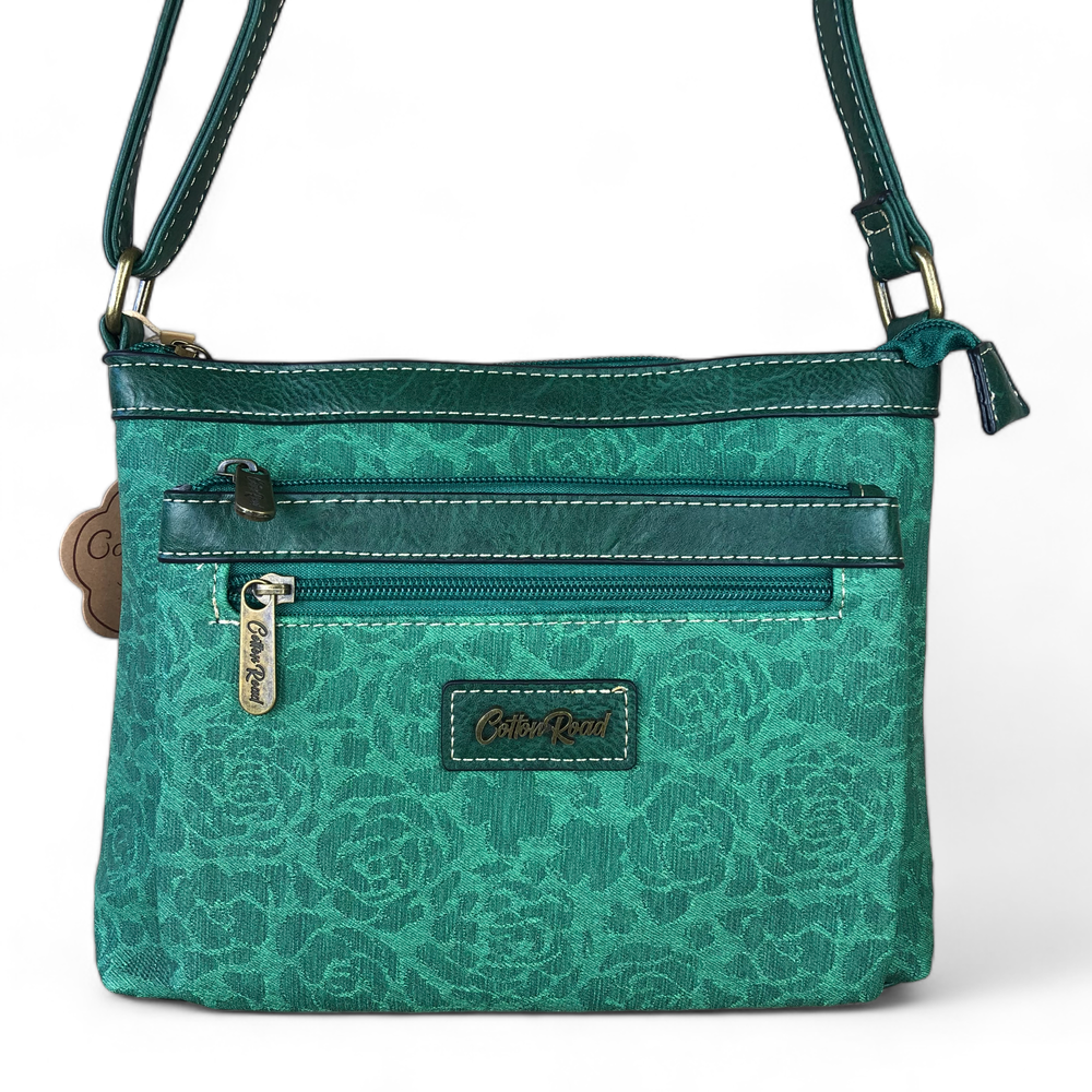 GREEN Printed FLORAL Cotton Road PU Leather Sling Bag