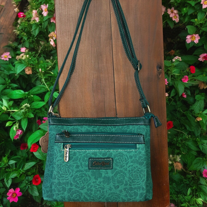 GREEN Printed FLORAL Cotton Road PU Leather Sling Bag
