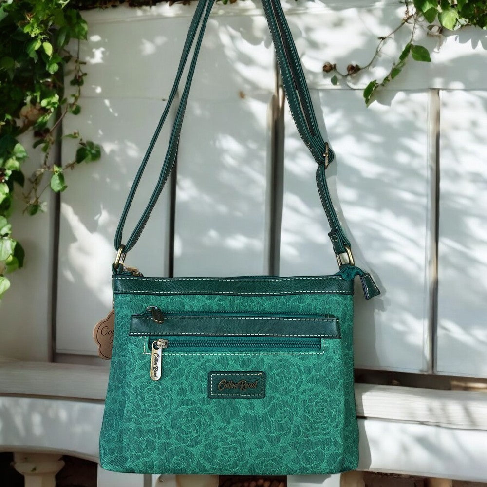 GREEN Printed FLORAL Cotton Road PU Leather Sling Bag