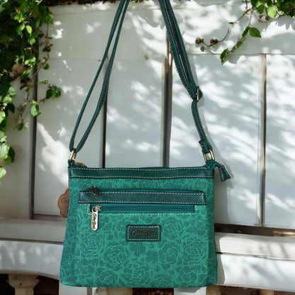 GREEN Printed FLORAL Cotton Road PU Leather Sling Bag