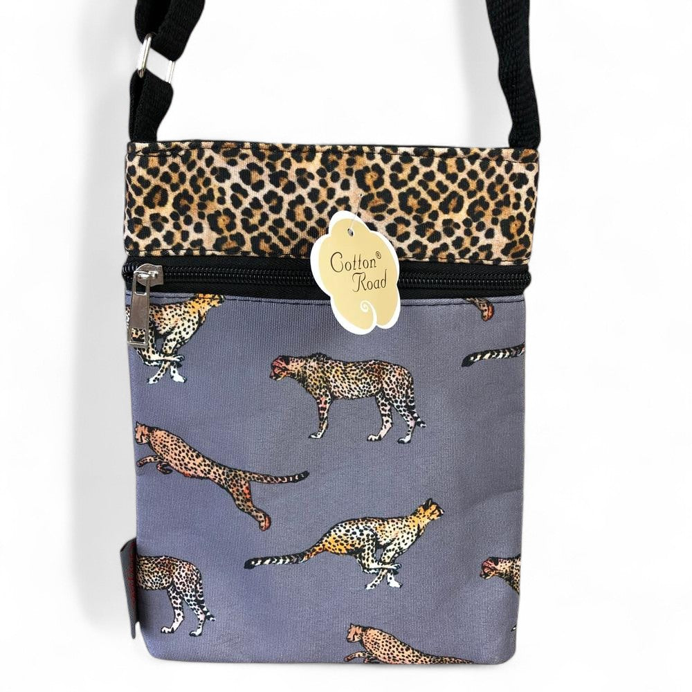 GREY Canvas Cotton Road Mini Sling Bag with CHEETAH