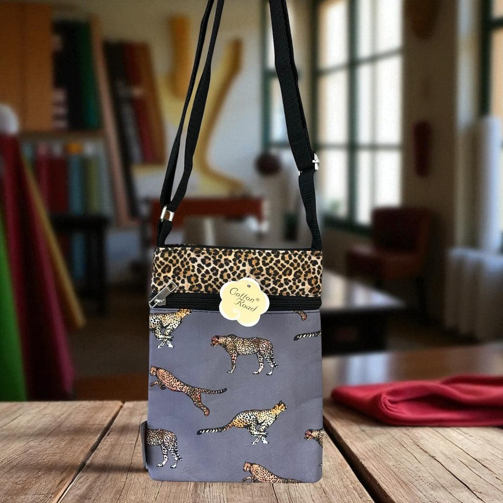 GREY Canvas Cotton Road Mini Sling Bag with CHEETAH