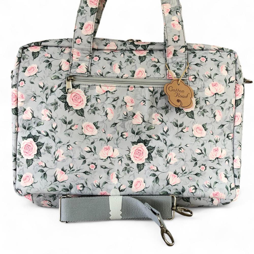 GREY Canvas FLORAL Cotton Road Laptop Bag with GREY Trim and Matching Sleeve COMBO