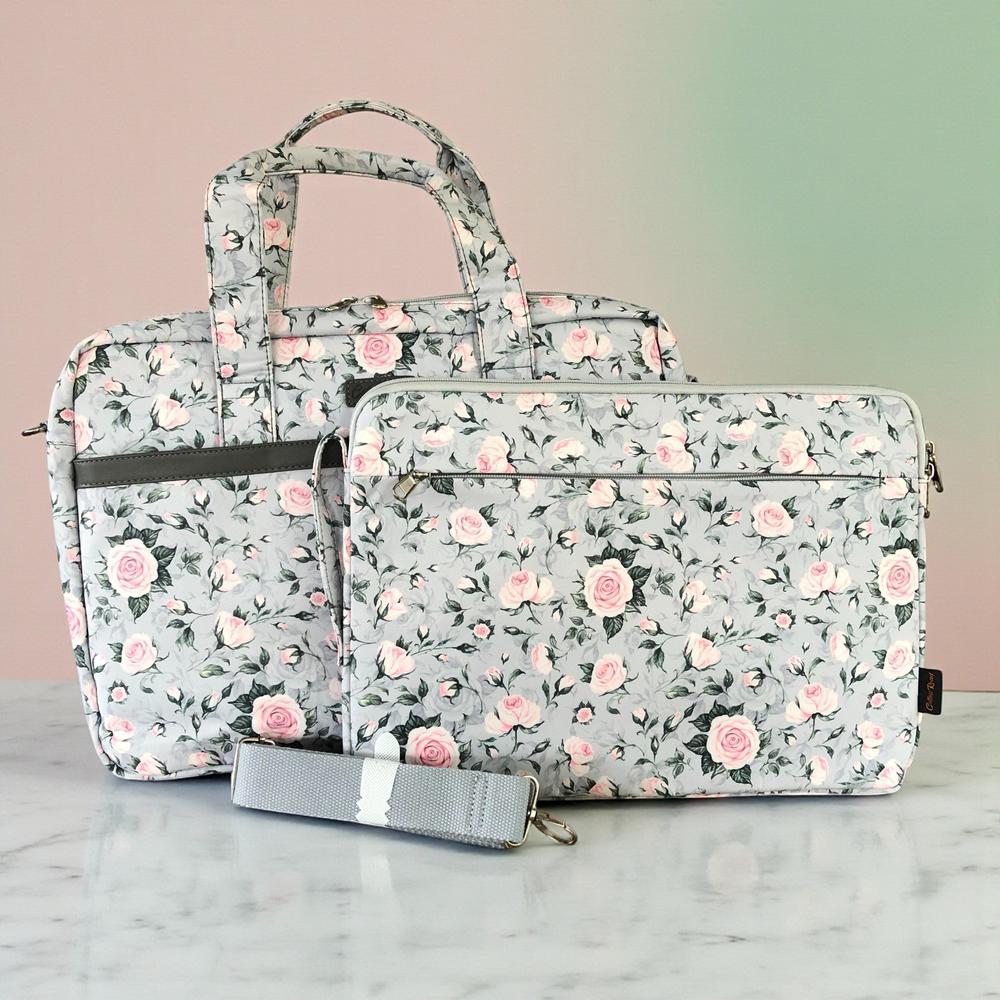 GREY Canvas FLORAL Cotton Road Laptop Bag with GREY Trim and Matching Sleeve COMBO