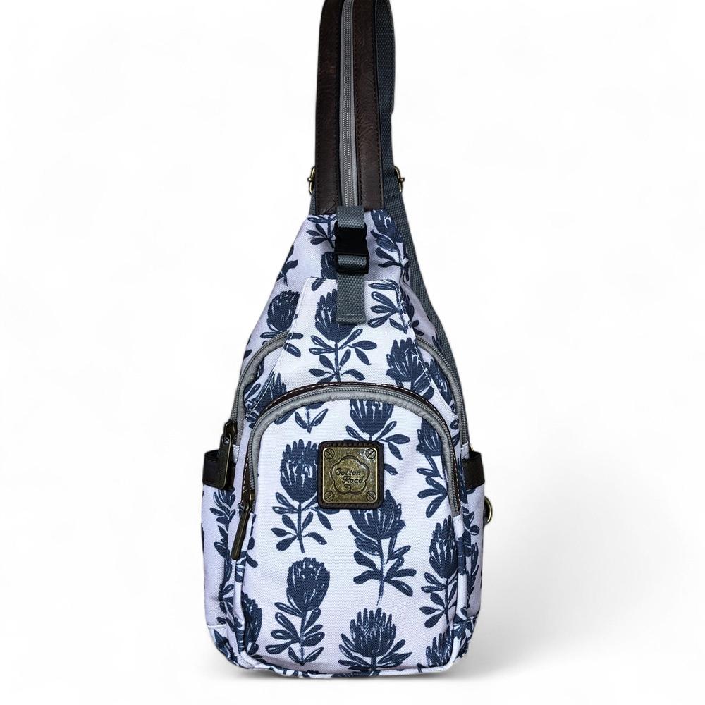 GREY Cotton Road CANVAS Cross Body Bag / Mini Backpack with PROTEAS