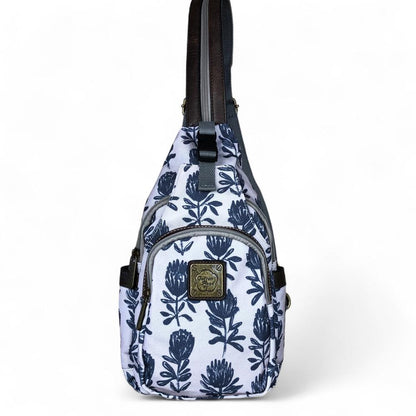 GREY Cotton Road CANVAS Cross Body Bag / Mini Backpack with PROTEAS