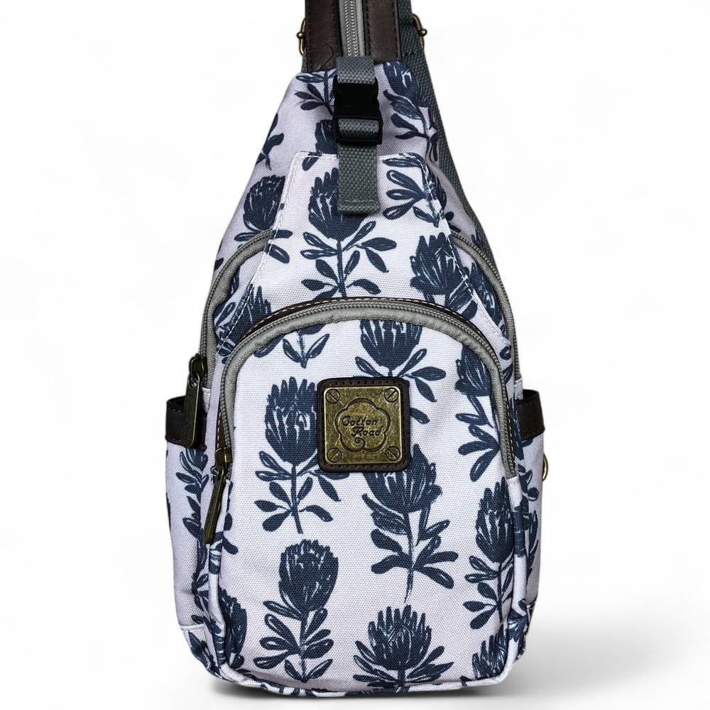 GREY Cotton Road CANVAS Cross Body Bag / Mini Backpack with PROTEAS