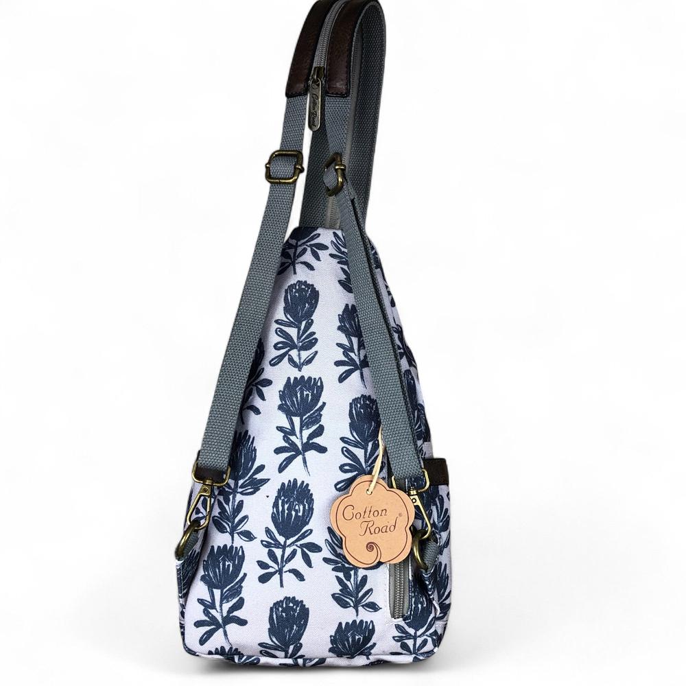 GREY Cotton Road CANVAS Cross Body Bag / Mini Backpack with PROTEAS