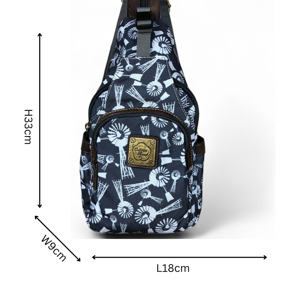 GREY Cotton Road CANVAS Cross Body Bag / Mini Backpack with WINDMILLS