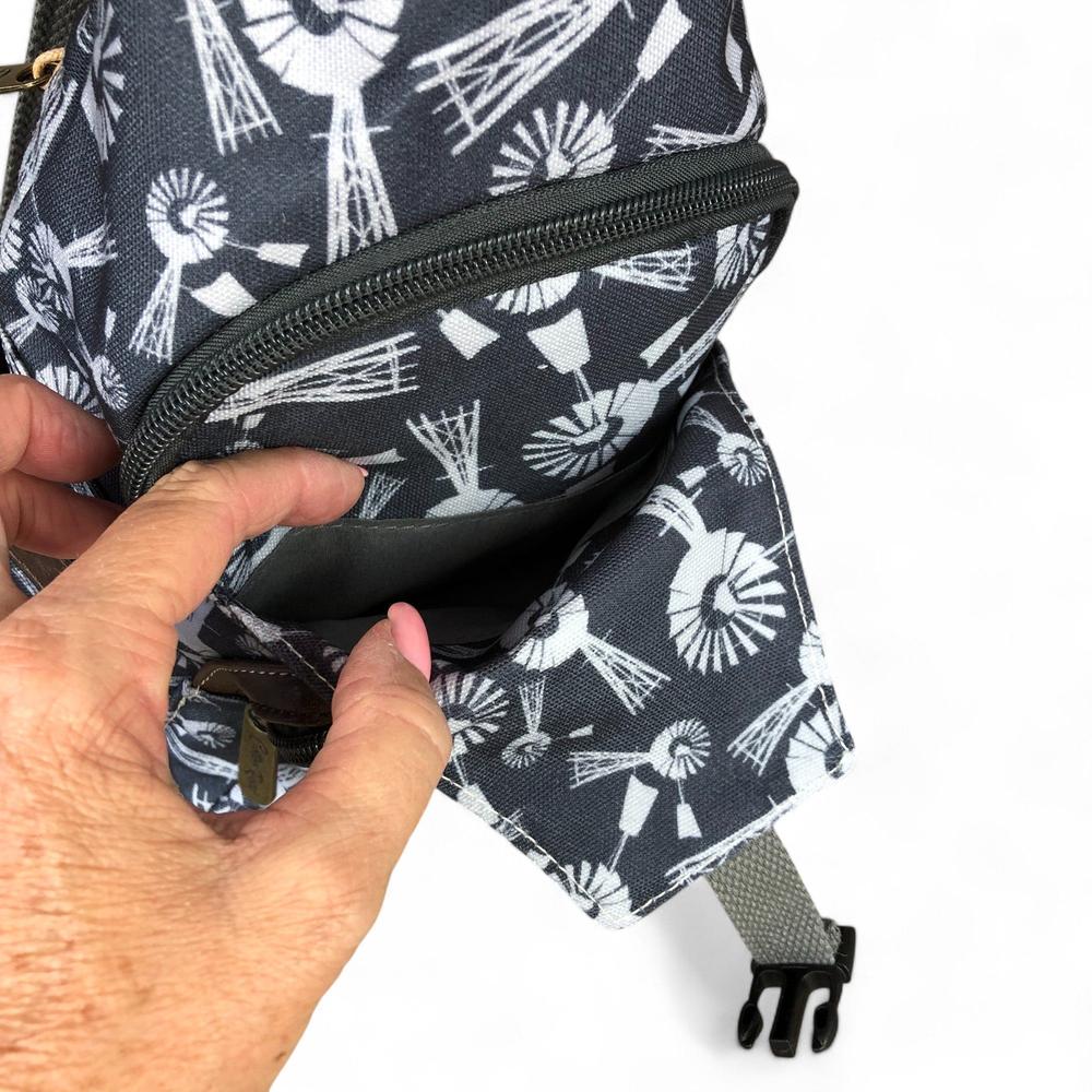 GREY Cotton Road CANVAS Cross Body Bag / Mini Backpack with WINDMILLS