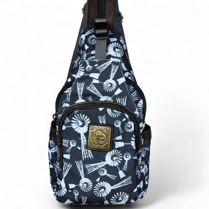 GREY Cotton Road CANVAS Cross Body Bag / Mini Backpack with WINDMILLS