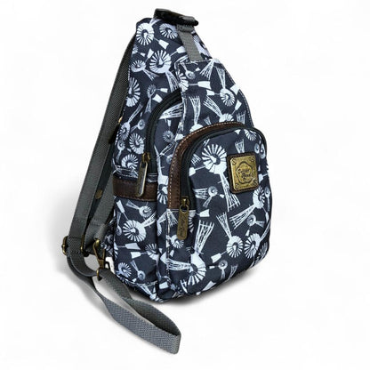 GREY Cotton Road CANVAS Cross Body Bag / Mini Backpack with WINDMILLS