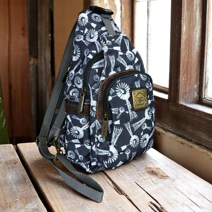 GREY Cotton Road CANVAS Cross Body Bag / Mini Backpack with WINDMILLS