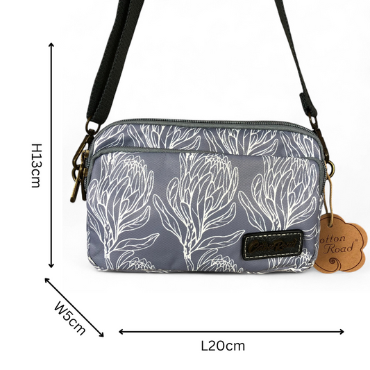 GREY Cotton Road Canvas Mini Sling Bag with PROTEAS