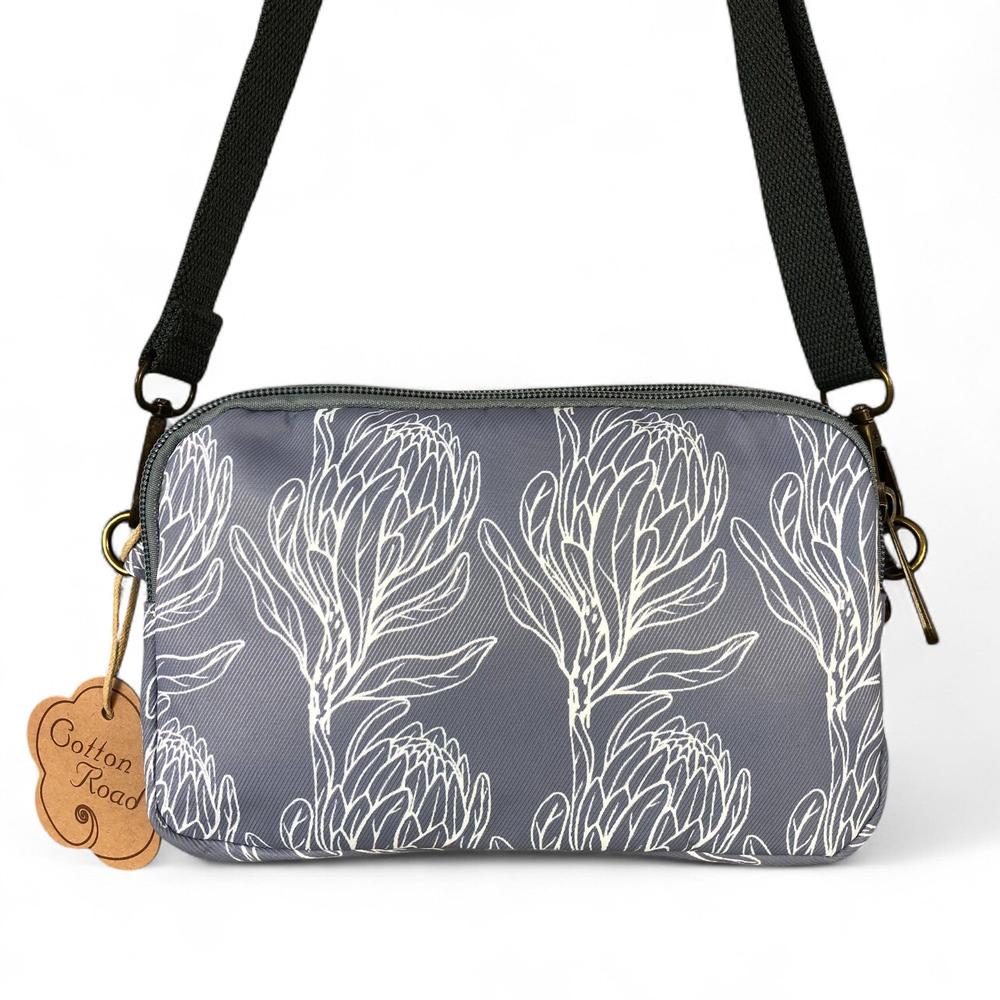 GREY Cotton Road Canvas Mini Sling Bag with PROTEAS