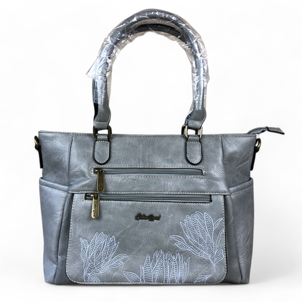 GREY Cotton Road PU Leather Handbag with EMBROIDERED detailing