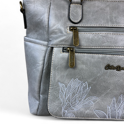 GREY Cotton Road PU Leather Handbag with EMBROIDERED detailing