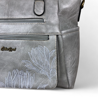 GREY Cotton Road PU Leather Handbag with EMBROIDERED detailing