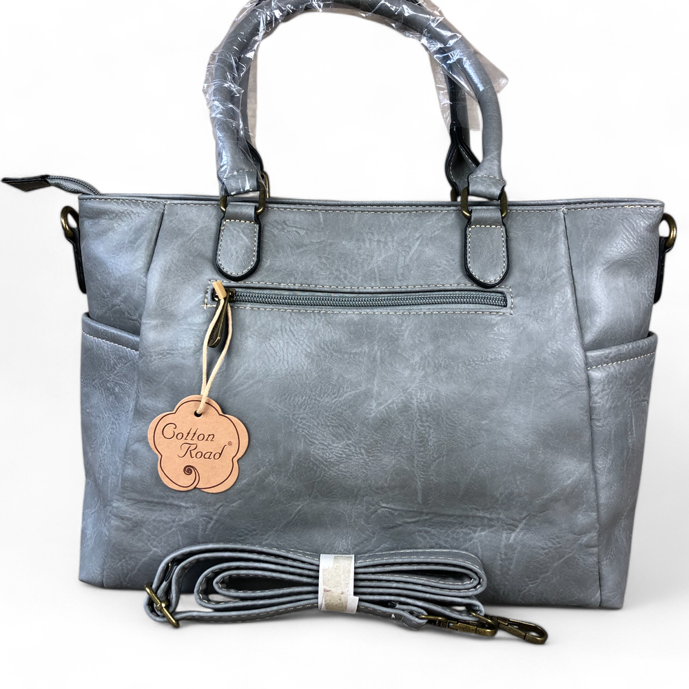 GREY Cotton Road PU Leather Handbag with EMBROIDERED detailing