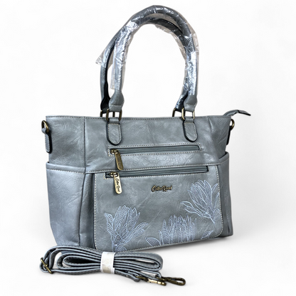 GREY Cotton Road PU Leather Handbag with EMBROIDERED detailing