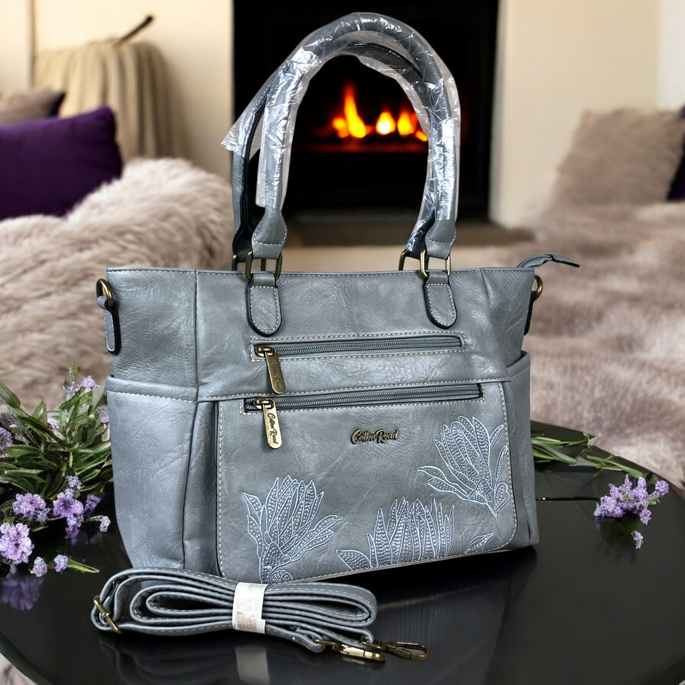 GREY Cotton Road PU Leather Handbag with EMBROIDERED detailing