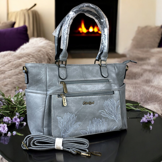 GREY Cotton Road PU Leather Handbag with EMBROIDERED detailing