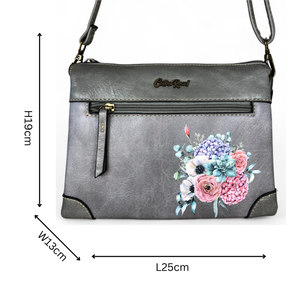 GREY Cotton Road PU Leather Sling Bag with FLORAL detailing