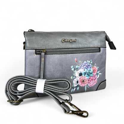 GREY Cotton Road PU Leather Sling Bag with FLORAL detailing