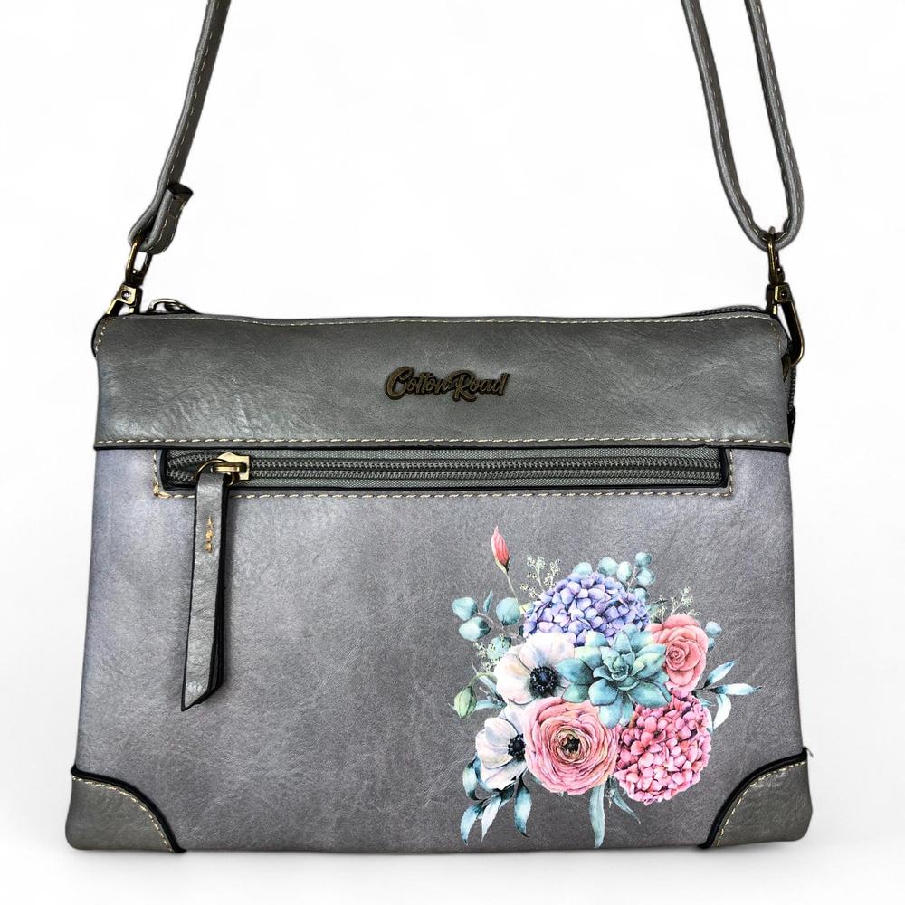 GREY Cotton Road PU Leather Sling Bag with FLORAL detailing