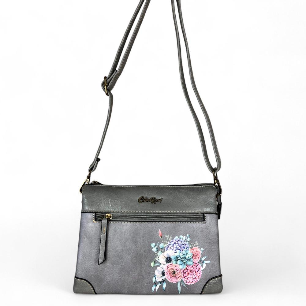 GREY Cotton Road PU Leather Sling Bag with FLORAL detailing