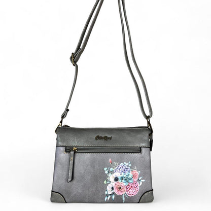 GREY Cotton Road PU Leather Sling Bag with FLORAL detailing