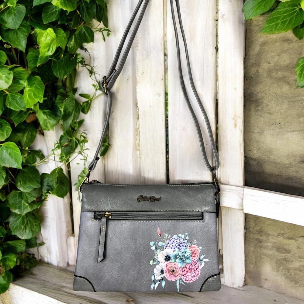 GREY Cotton Road PU Leather Sling Bag with FLORAL detailing